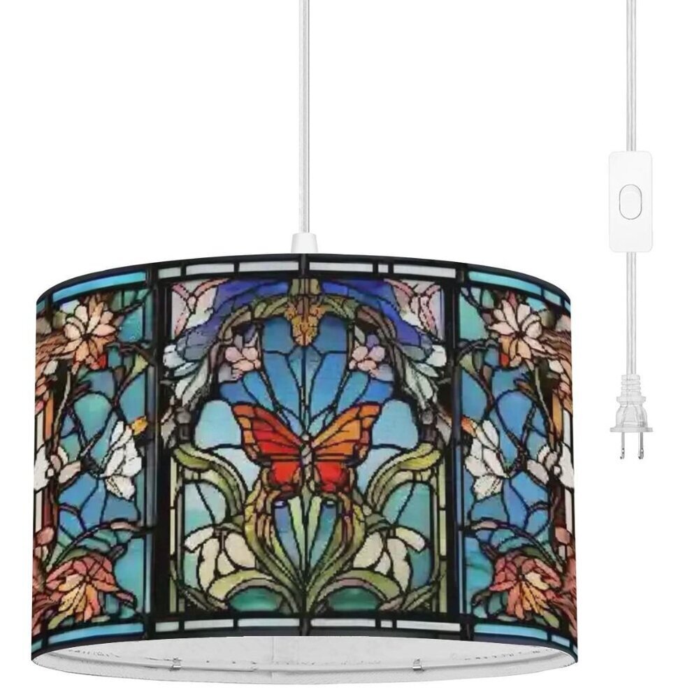 Butterfly Stained Glass Lamp, Art Nouveau Lighting Hanging Drum Lamp Light